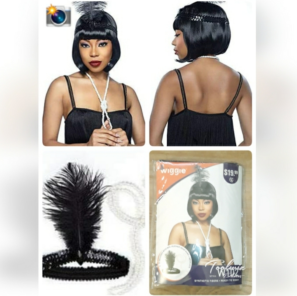Wiggie Synthetic Costume Wig - Flapper Black Bob + Feather Head Band Necklace